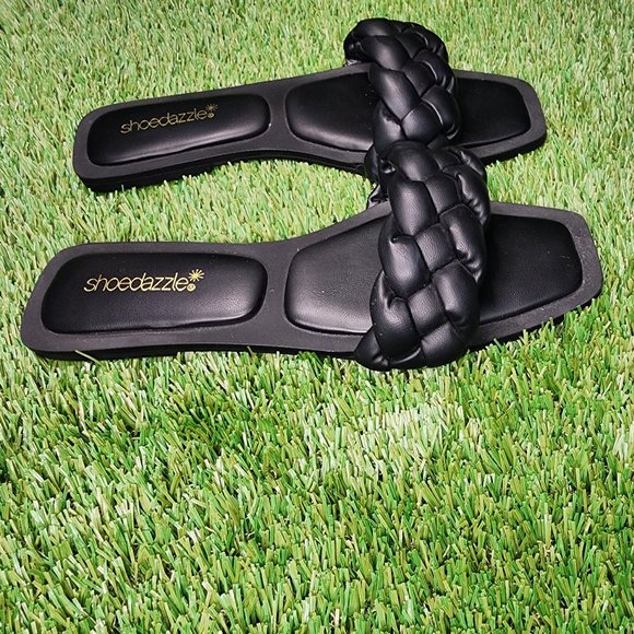 SHOE DAZZLE | Luxury Brand Inspired Black Faux Leather Flats Sandals - Picture 1 of 4
